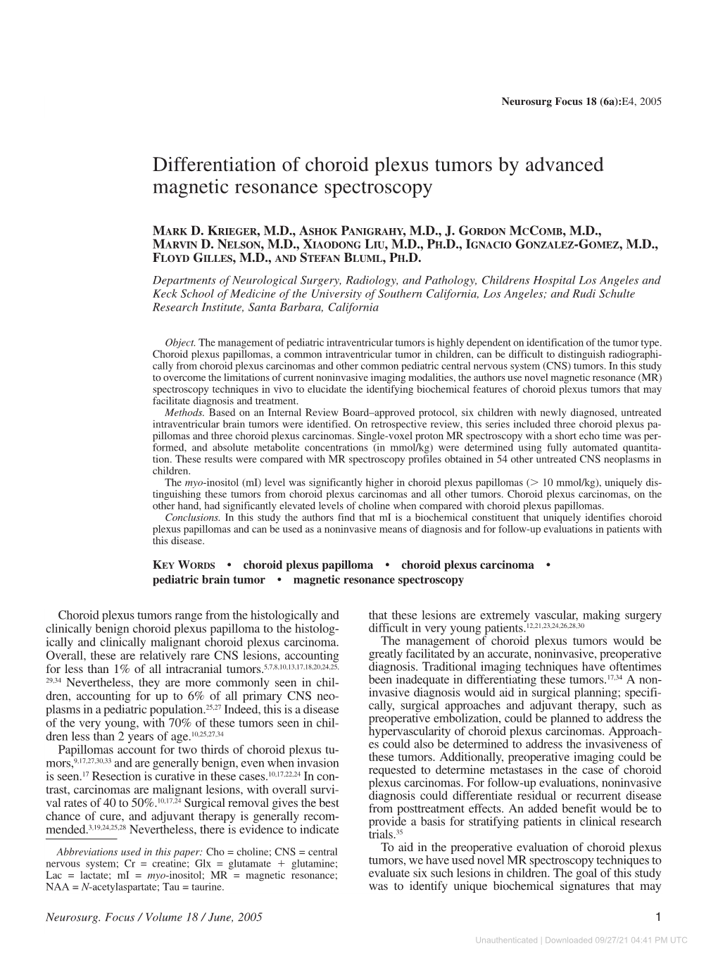 Differentiation of Choroid Plexus Tumors by Advanced Magnetic Resonance Spectroscopy
