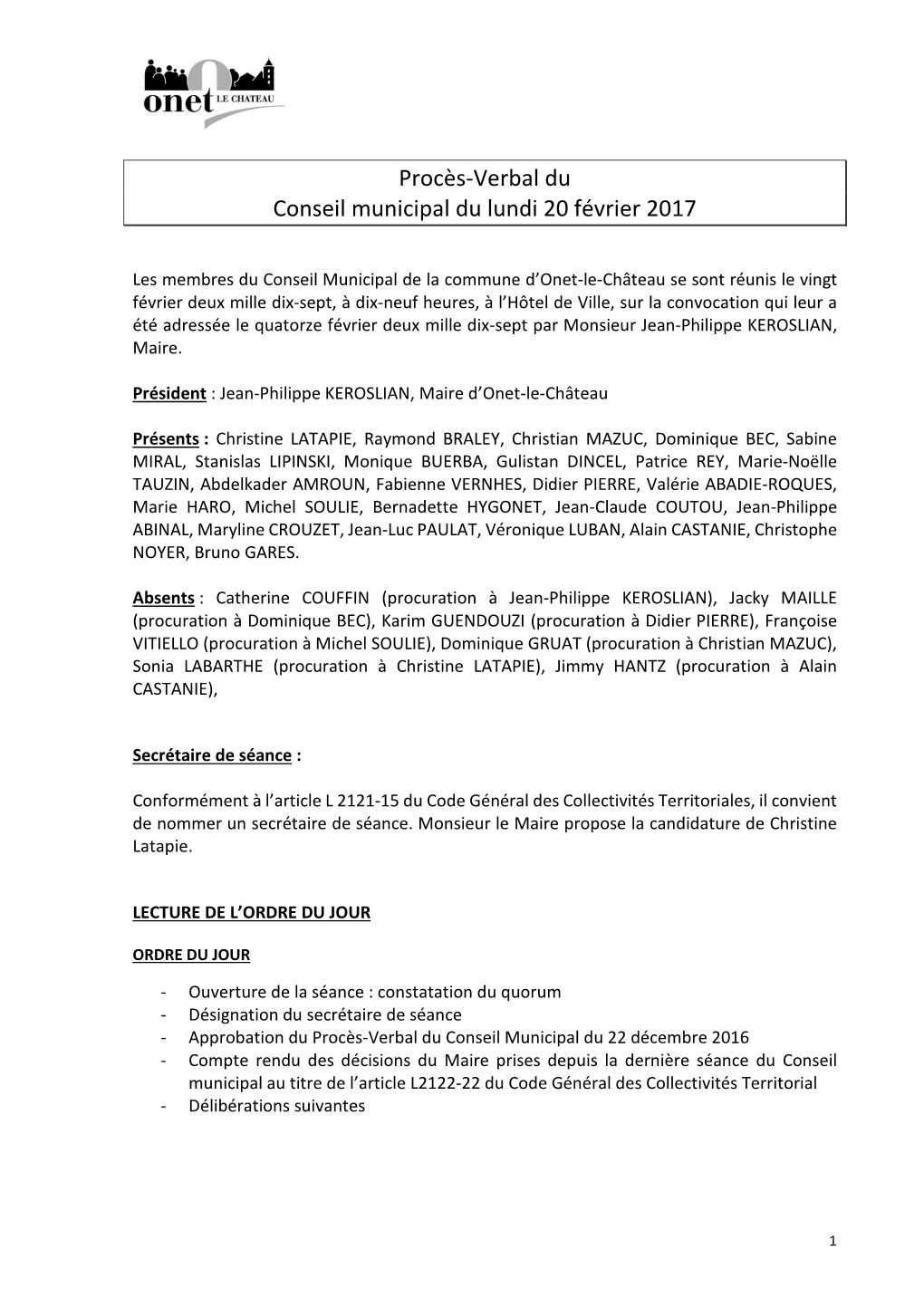 Procès-Verbal Du Conseil Municipal Du Lundi 20 Février 2017
