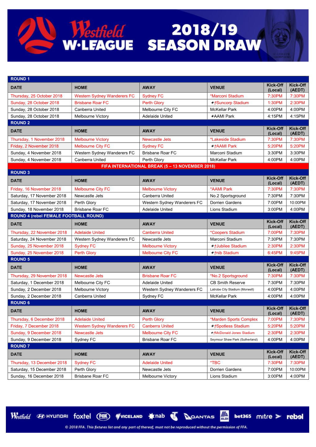 Download the Westfield W-League 2018/19 Season Draw As A