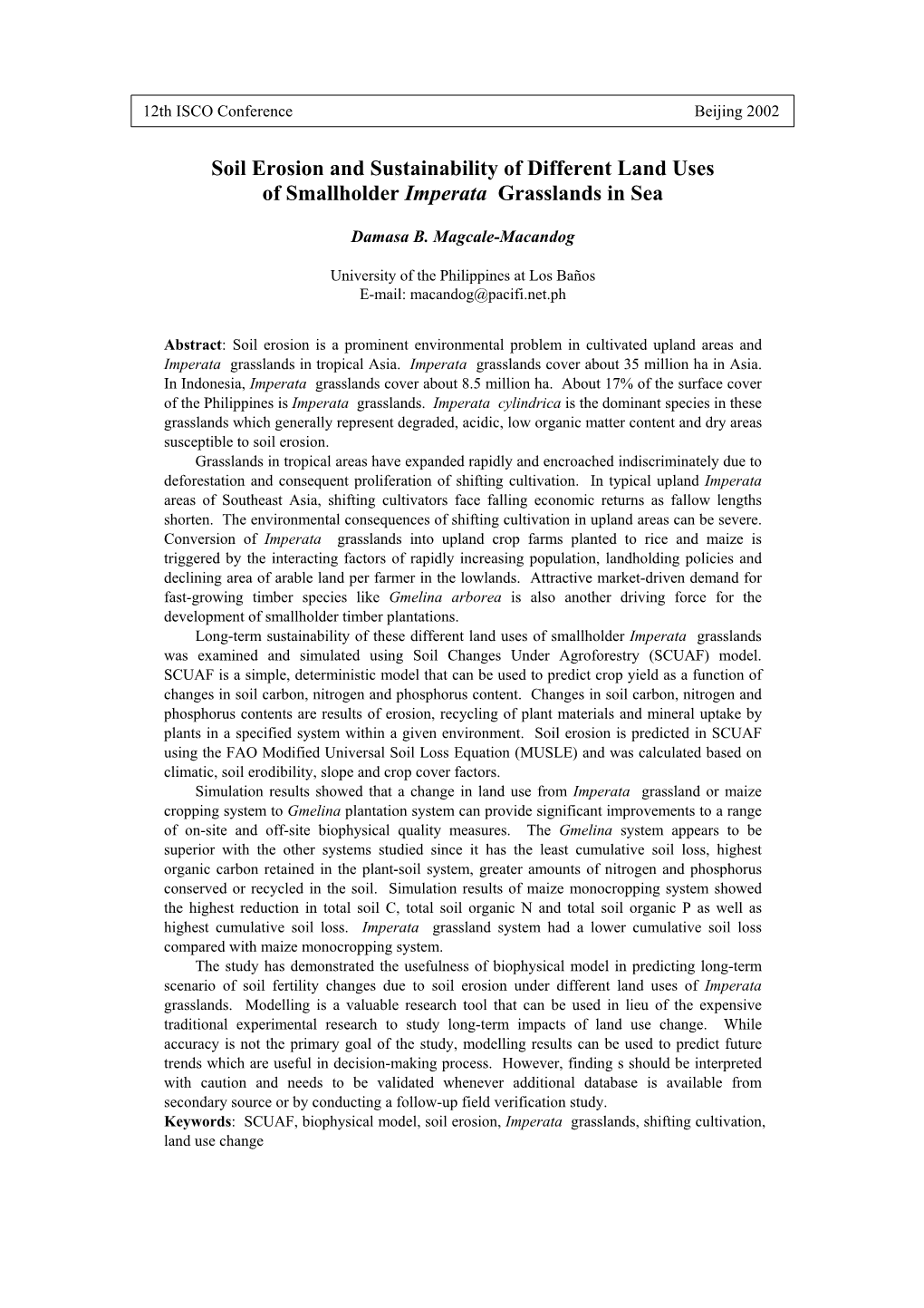 Soil Erosion and Sustainability of Different Land Uses of Smallholder Imperata Grasslands in Sea