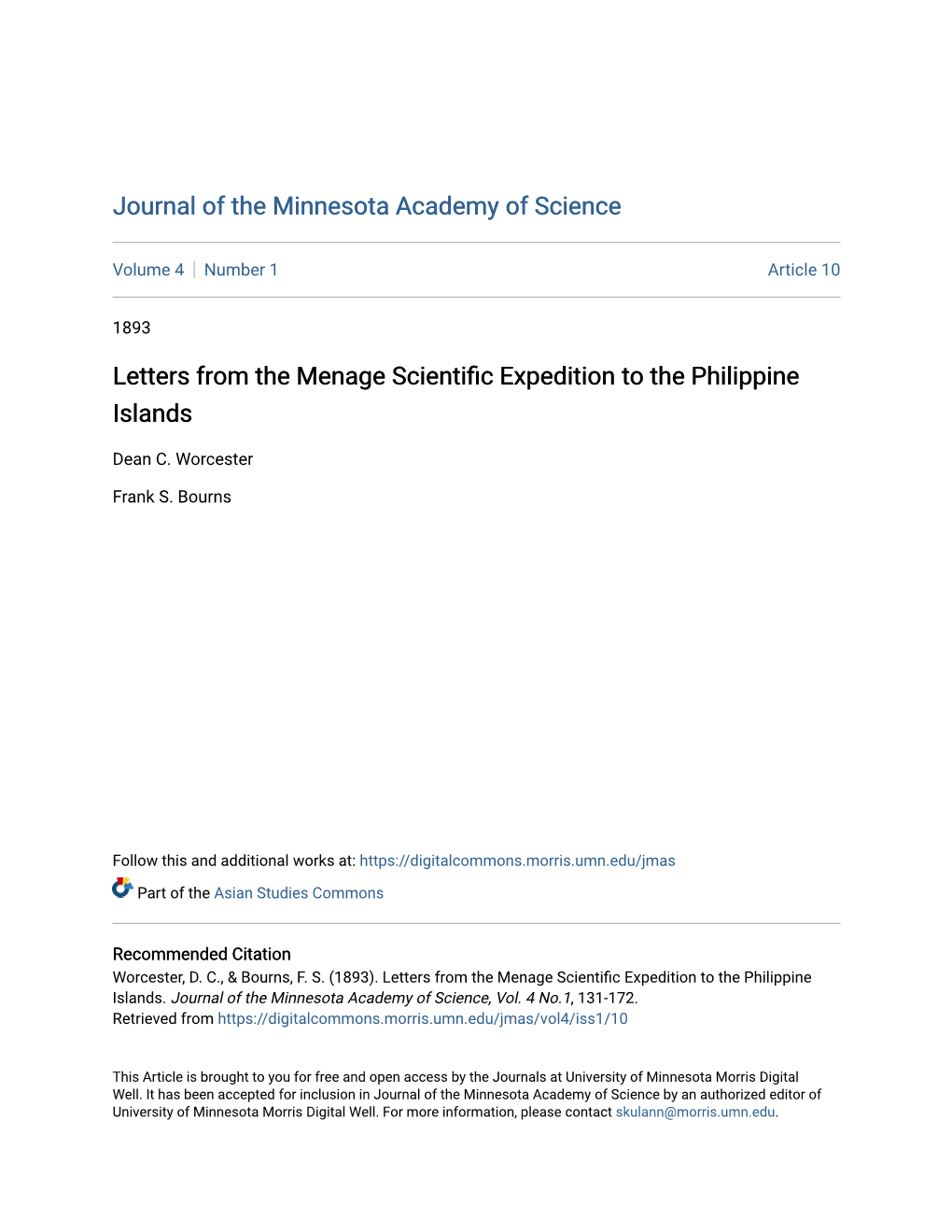 Letters from the Menage Scientific Expedition to the Philippine Islands