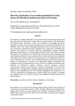 Diversity and Density of Sea Urchins Populations in Rocky Shores Off Nilwella in Southern Province of Sri Lanka