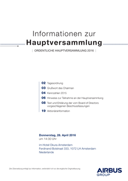 Informationen Zur Hauptversammlung | ORDENTLICHE HAUPTVERSAMMLUNG 2016 |
