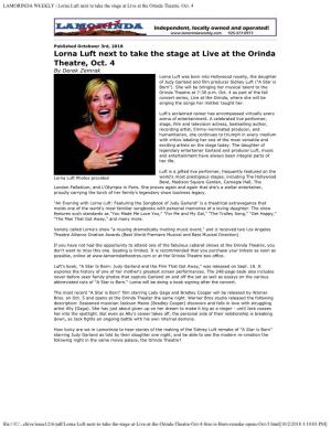Lorna Luft Next to Take the Stage at Live at the Orinda Theatre, Oct. 4