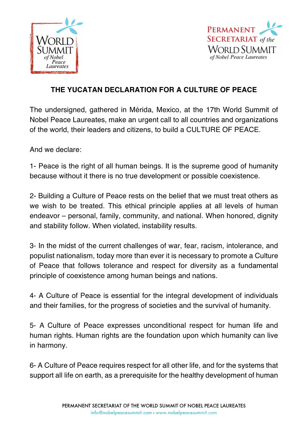 The Yucatan Declaration for a Culture of Peace