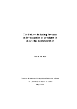 The Subject Indexing Process: an Investigation of Problems in Knowledge Representation
