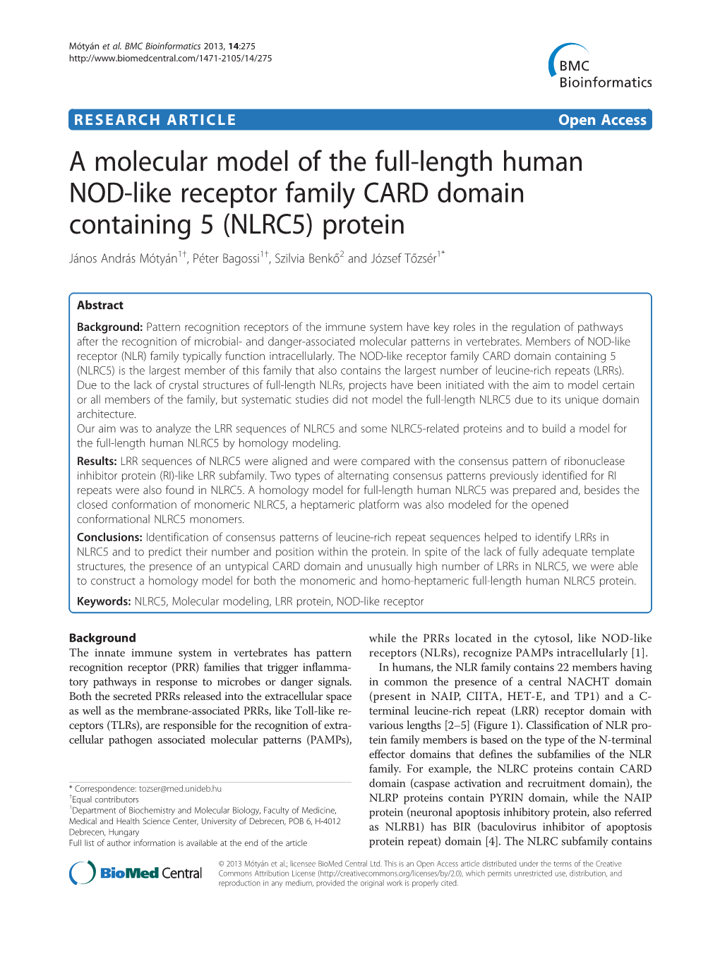 A Molecular Model of the Full-Length Human NOD-Like Receptor Family CARD Domain Containing 5 (NLRC5) Protein