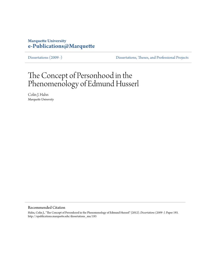 The Concept of Personhood in the Phenomenology of Edmund Husserl