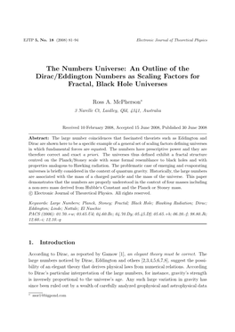 The Numbers Universe: an Outline of the Dirac/Eddington Numbers As Scaling Factors for Fractal, Black Hole Universes