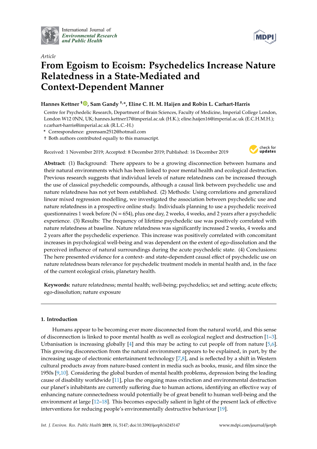 Psychedelics Increase Nature Relatedness in a State-Mediated and Context-Dependent Manner