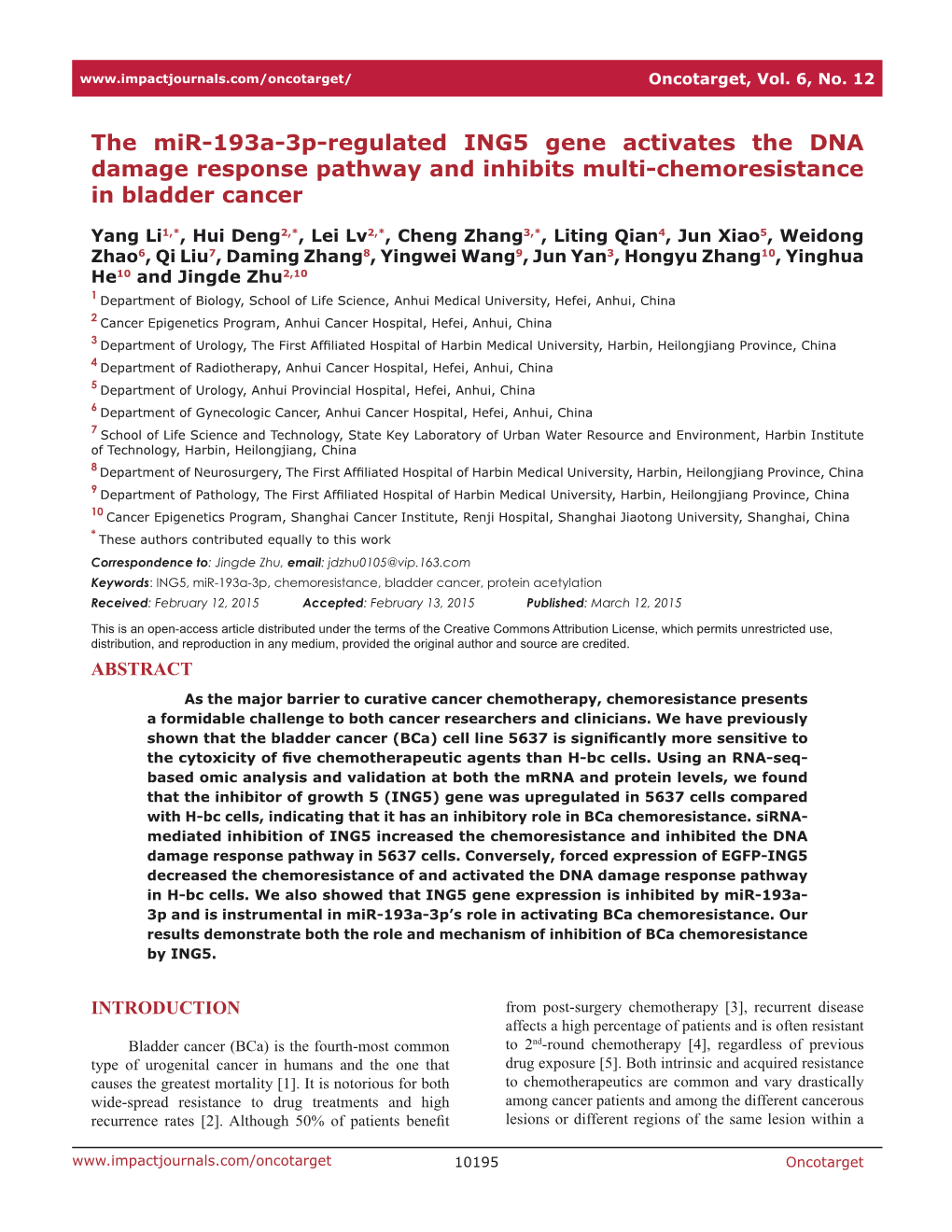 The Mir-193A-3P-Regulated ING5 Gene Activates the DNA Damage Response Pathway and Inhibits Multi-Chemoresistance in Bladder Cancer