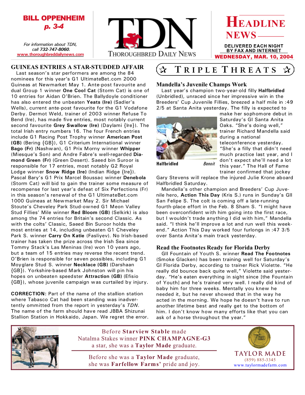 HEADLINE NEWS for Information About TDN, DELIVERED EACH NIGHT Call 732-747-8060