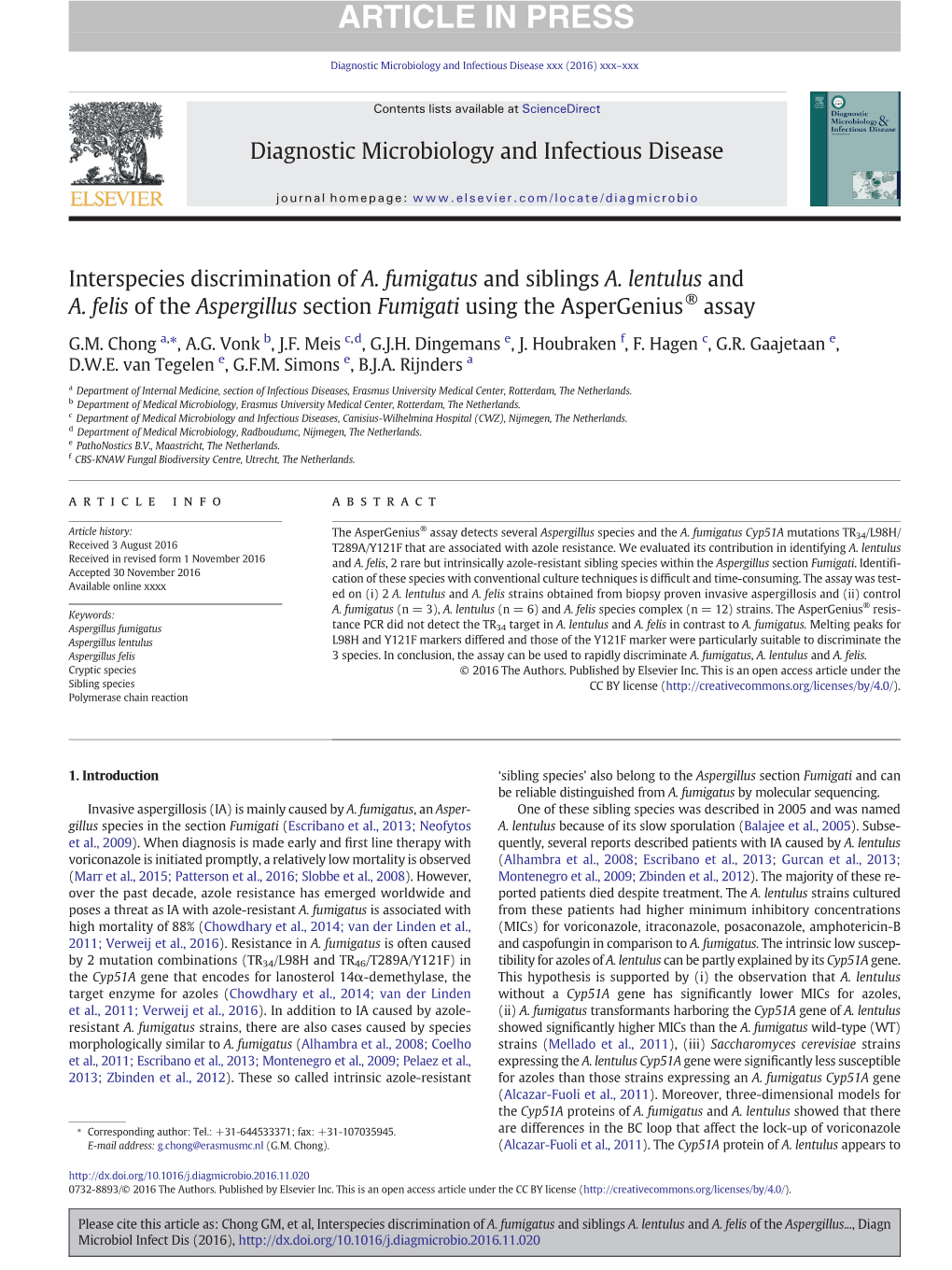 Interspecies Discrimination of A. Fumigatus and Siblings A. Lentulus and A. Felis of the Aspergillus Section Fumigati Using the Aspergenius® Assay