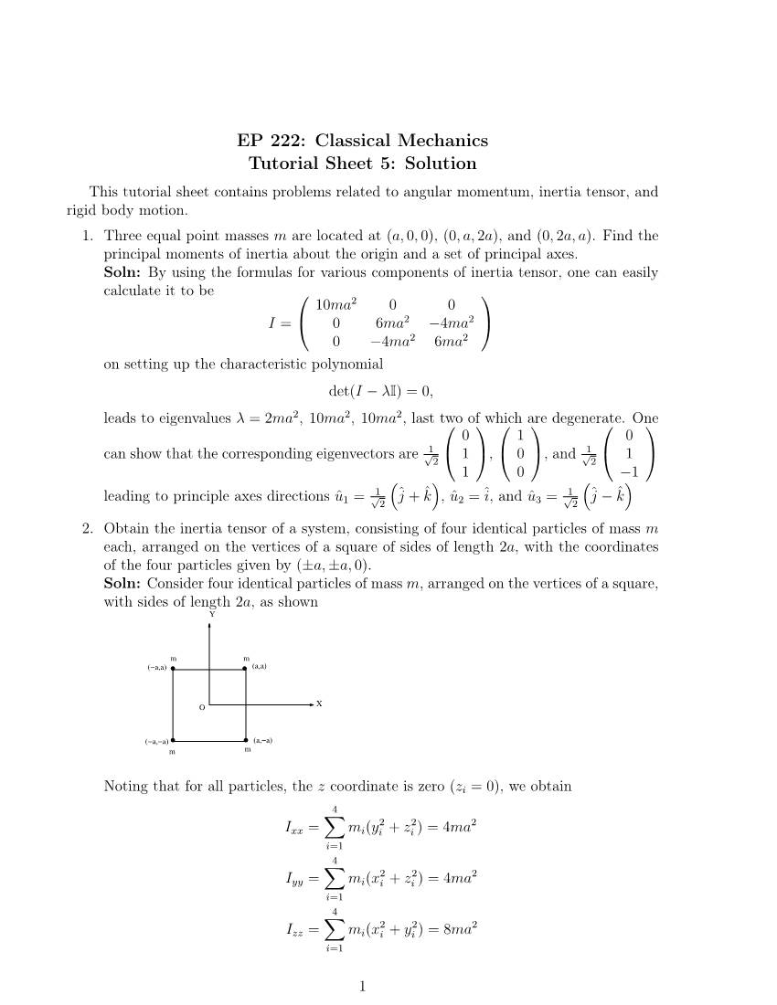 EP 222: Classical Mechanics Tutorial Sheet 5: Solution This Tutorial Sheet Contains Problems Related to Angular Momentum, Inertia Tensor, and Rigid Body Motion