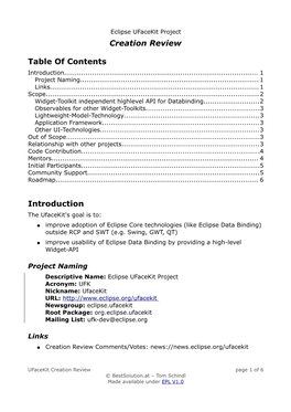 Creation Review Table of Contents Introduction