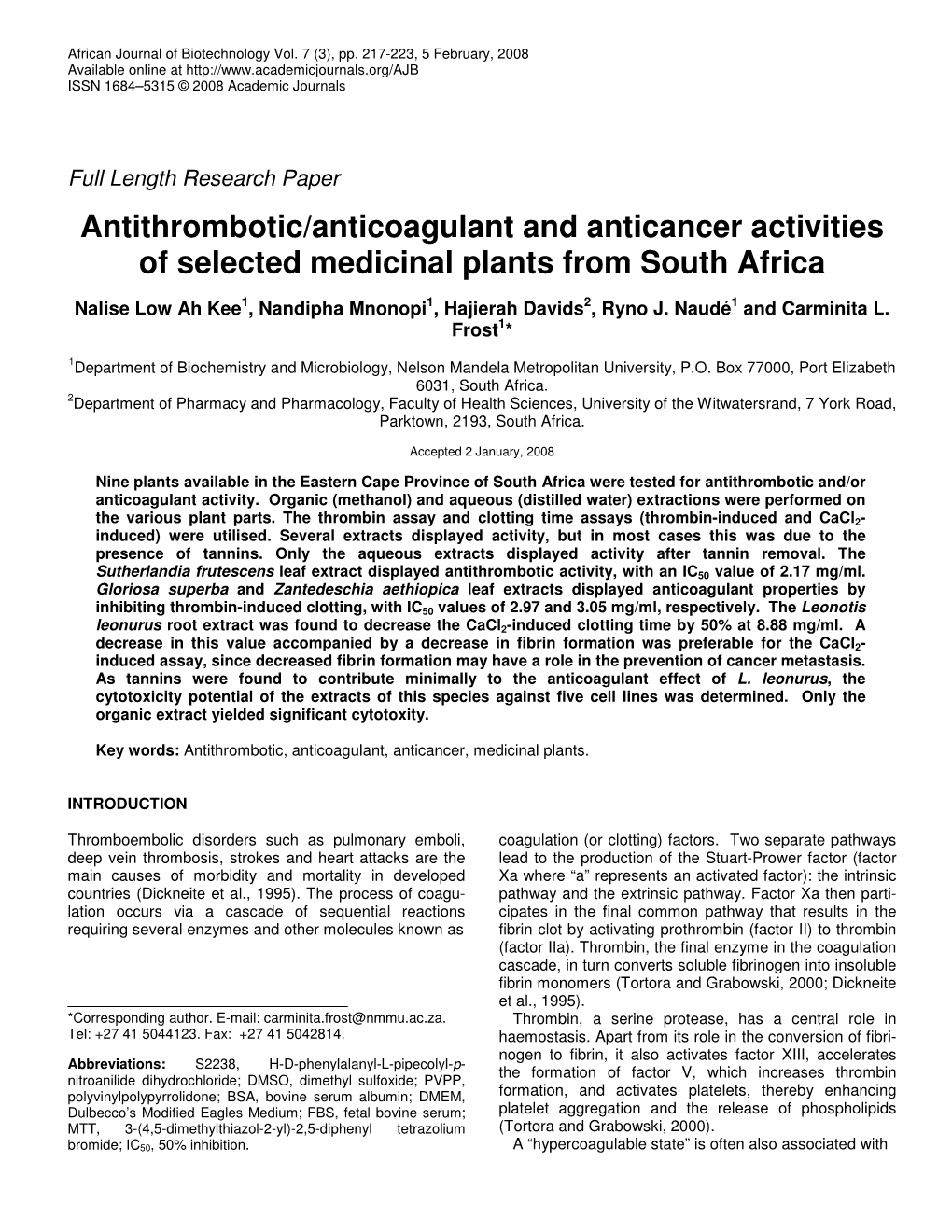 Antithrombotic/Anticoagulant and Anticancer Activities of Selected Medicinal Plants from South Africa