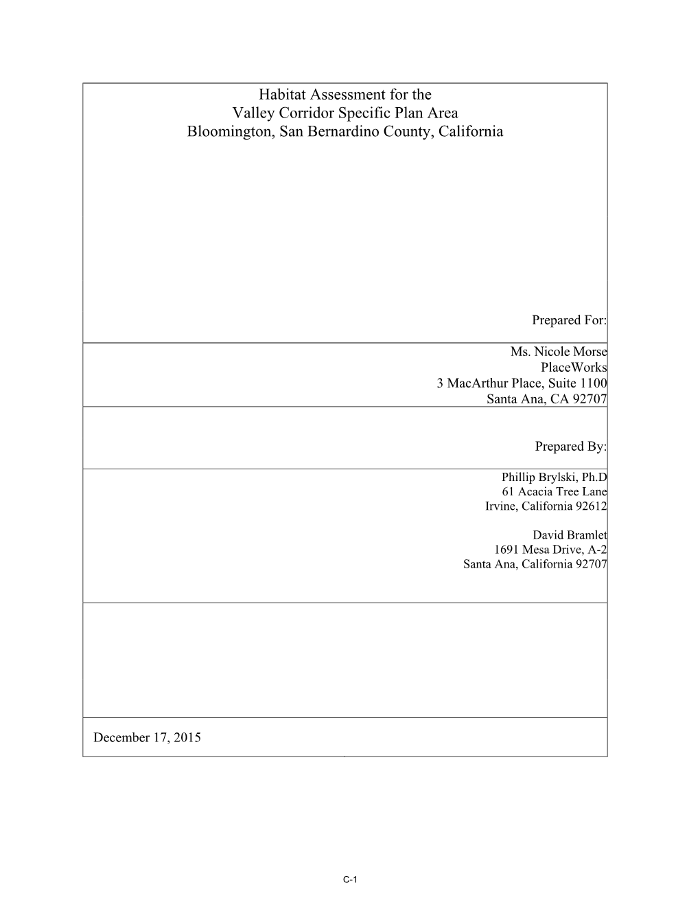 Habitat Assessment for the Valley Corridor Specific Plan Area Bloomington, San Bernardino County, California