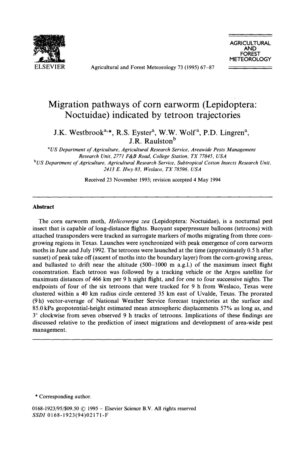 Migration Pathways of Corn Earworm (Lepidoptera: Noctuidae) Indicated by Tetroon Trajectories