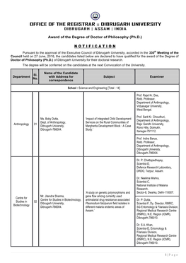 Office of the Registrar :: Dibrugarh University Dibrugarh | Assam | India