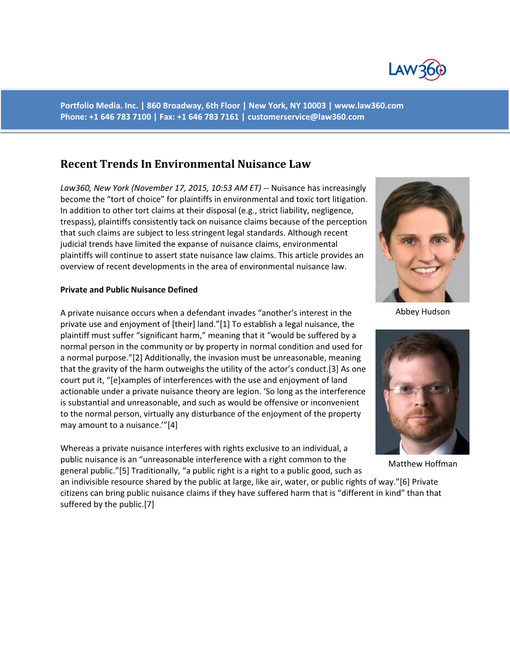 Recent Trends in Environmental Nuisance Law