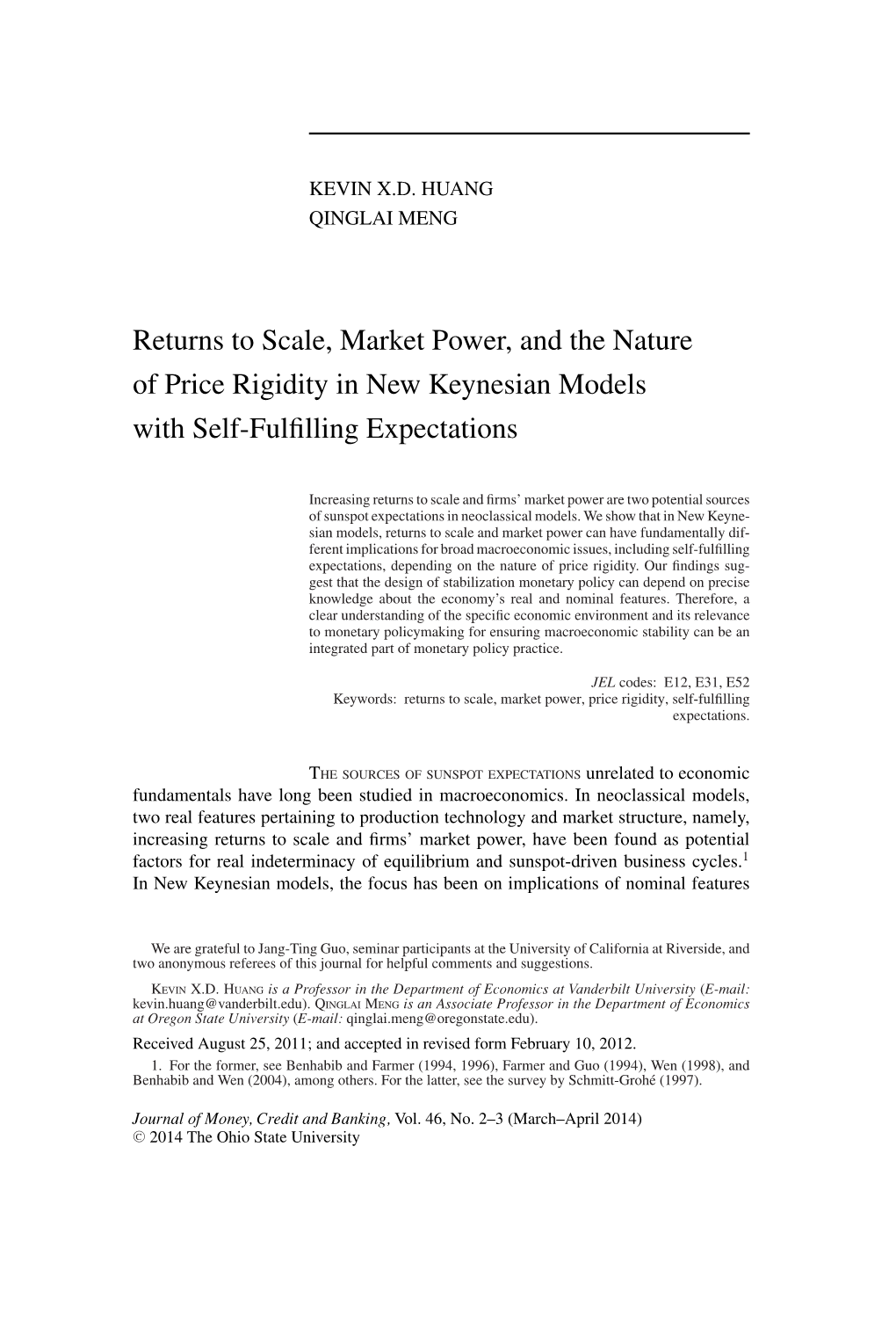 Returns to Scale, Market Power, and the Nature of Price Rigidity in New Keynesian Models with Self-Fulﬁlling Expectations