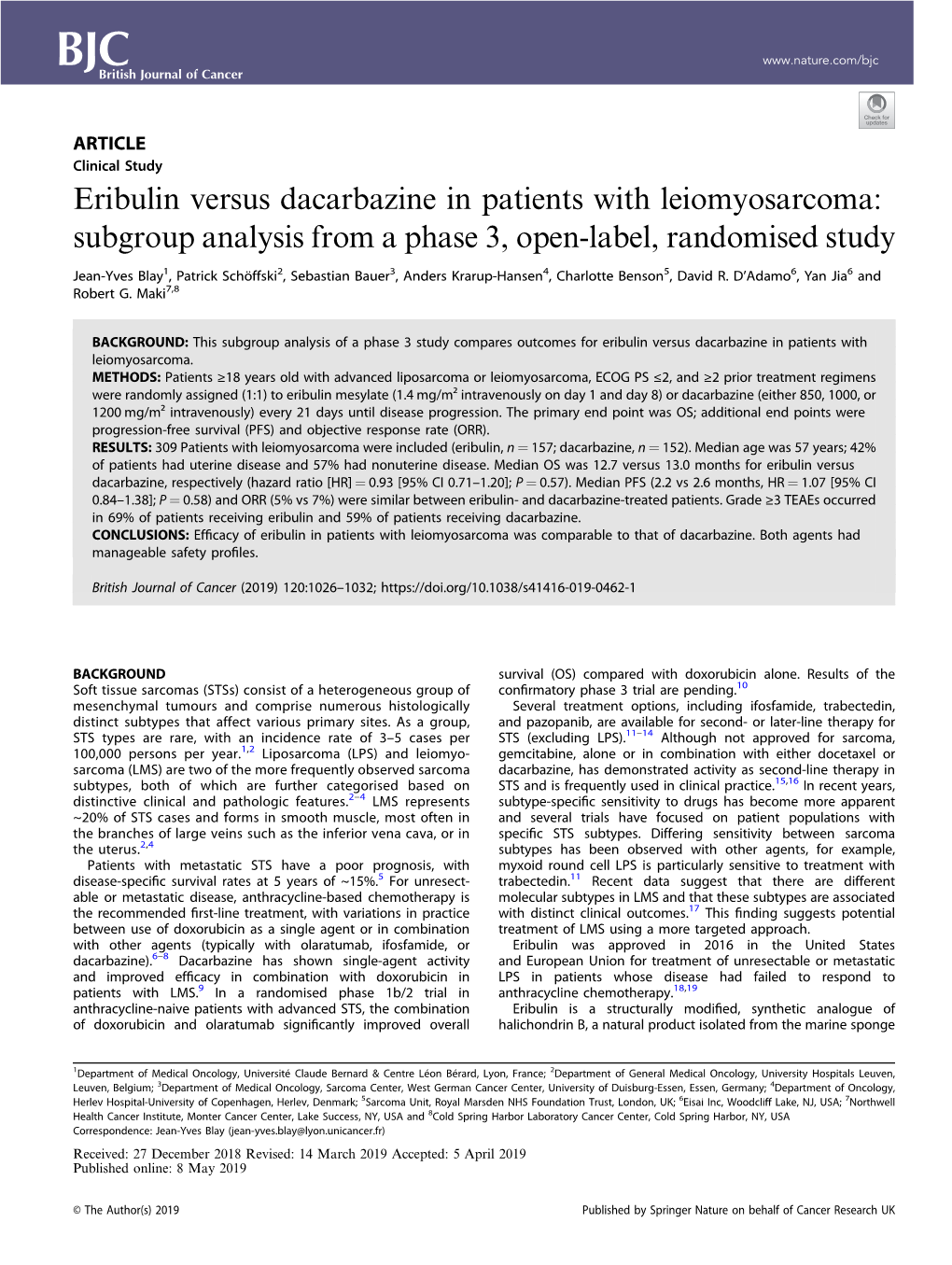 Eribulin Versus Dacarbazine in Patients with Leiomyosarcoma: Subgroup Analysis from a Phase 3, Open-Label, Randomised Study