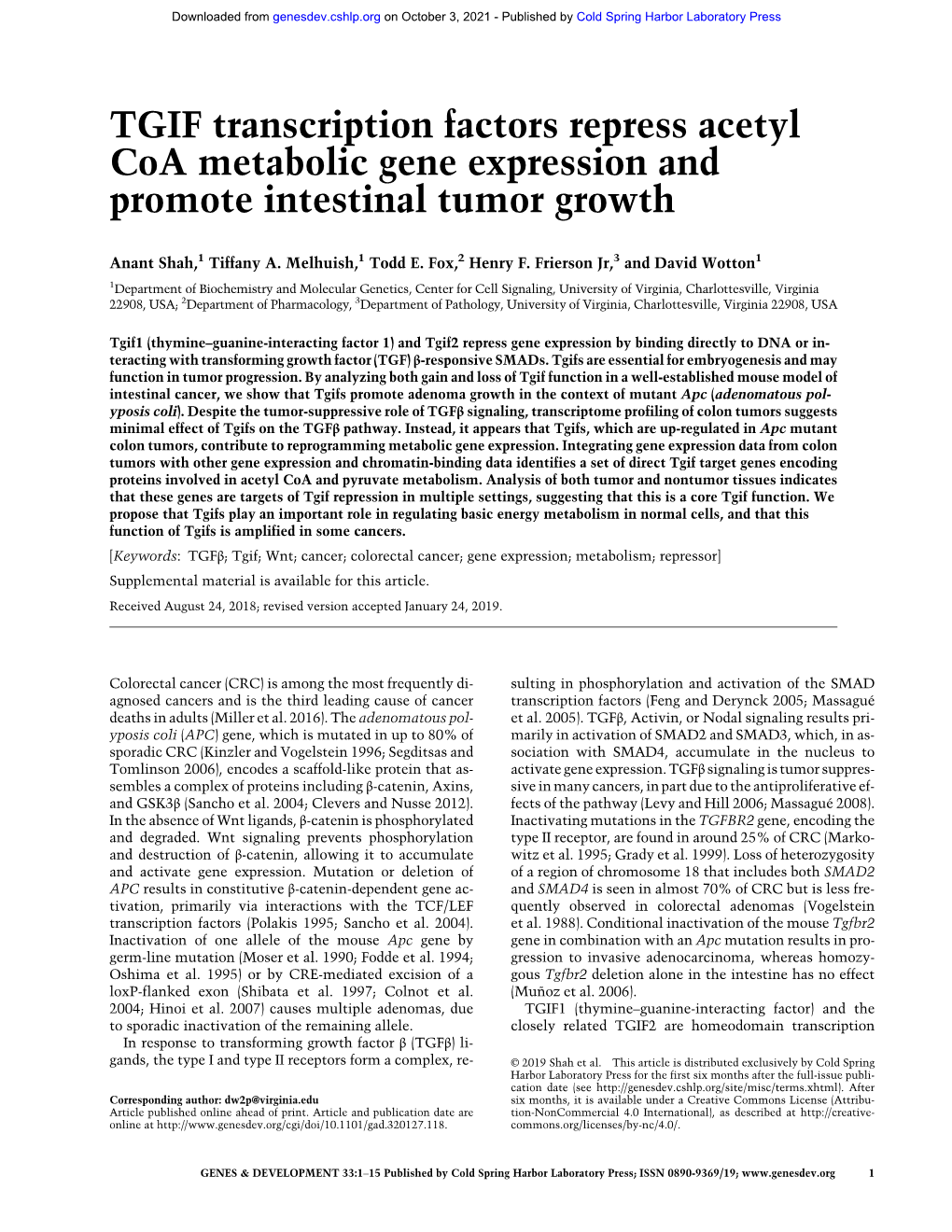TGIF Transcription Factors Repress Acetyl Coa Metabolic Gene Expression and Promote Intestinal Tumor Growth