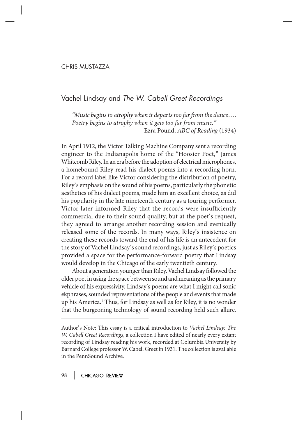 Vachel Lindsay and the W. Cabell Greet Recordings