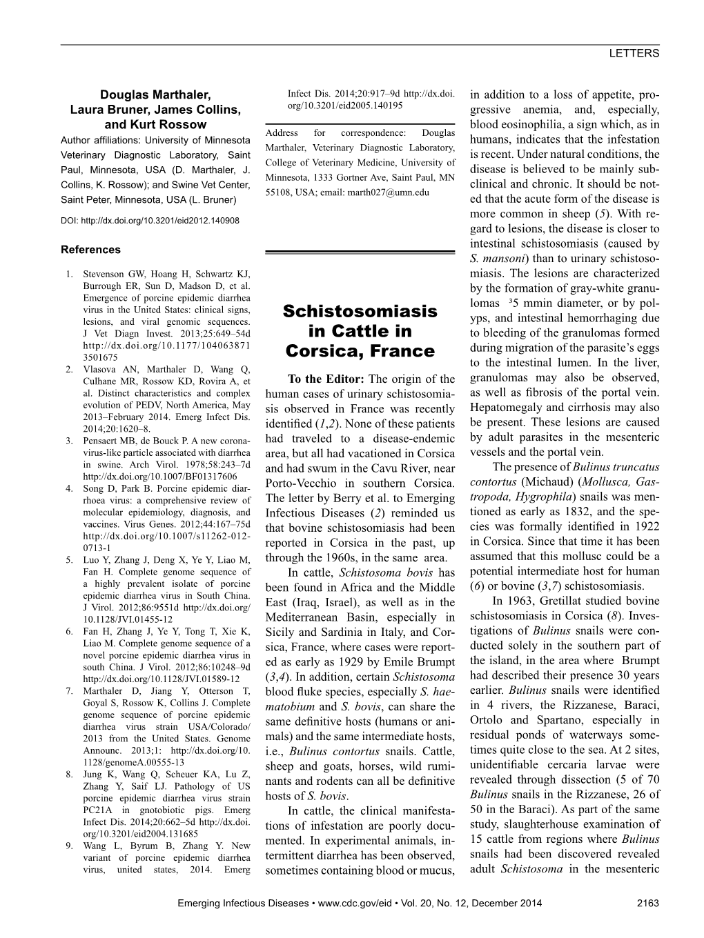 Schistosomiasis in Cattle in Corsica, France