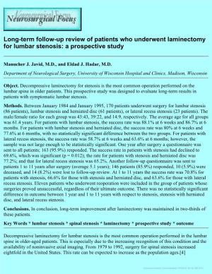 Long-Term Follow-Up Review of Patients Who Underwent Laminectomy for Lumbar Stenosis: a Prospective Study