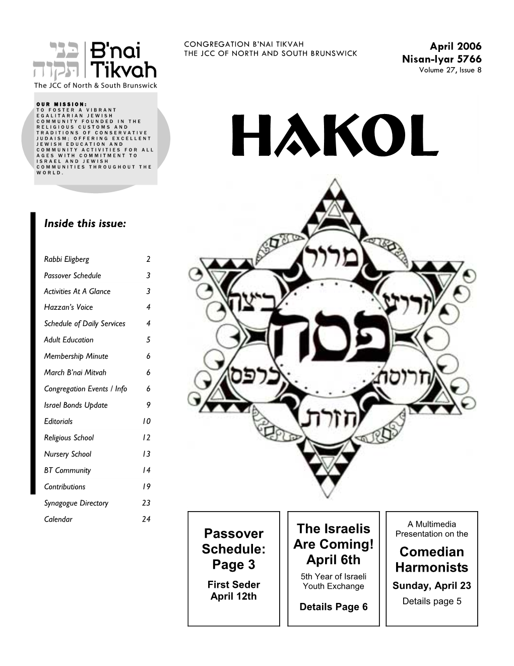 Passover Schedule: Page 3 the Israelis