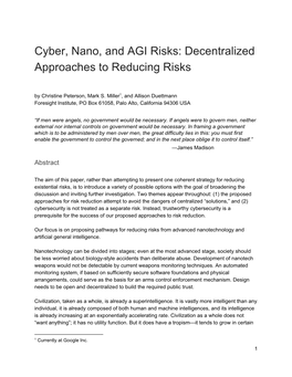 Cyber, Nano, and AGI Risks: Decentralized Approaches to Reducing Risks