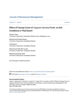 Effect of Canopy Cover of &lt;Em&gt;Capparis Decidua&lt;/Em&gt; Forsk. on Soil Conditions in Thal Desert