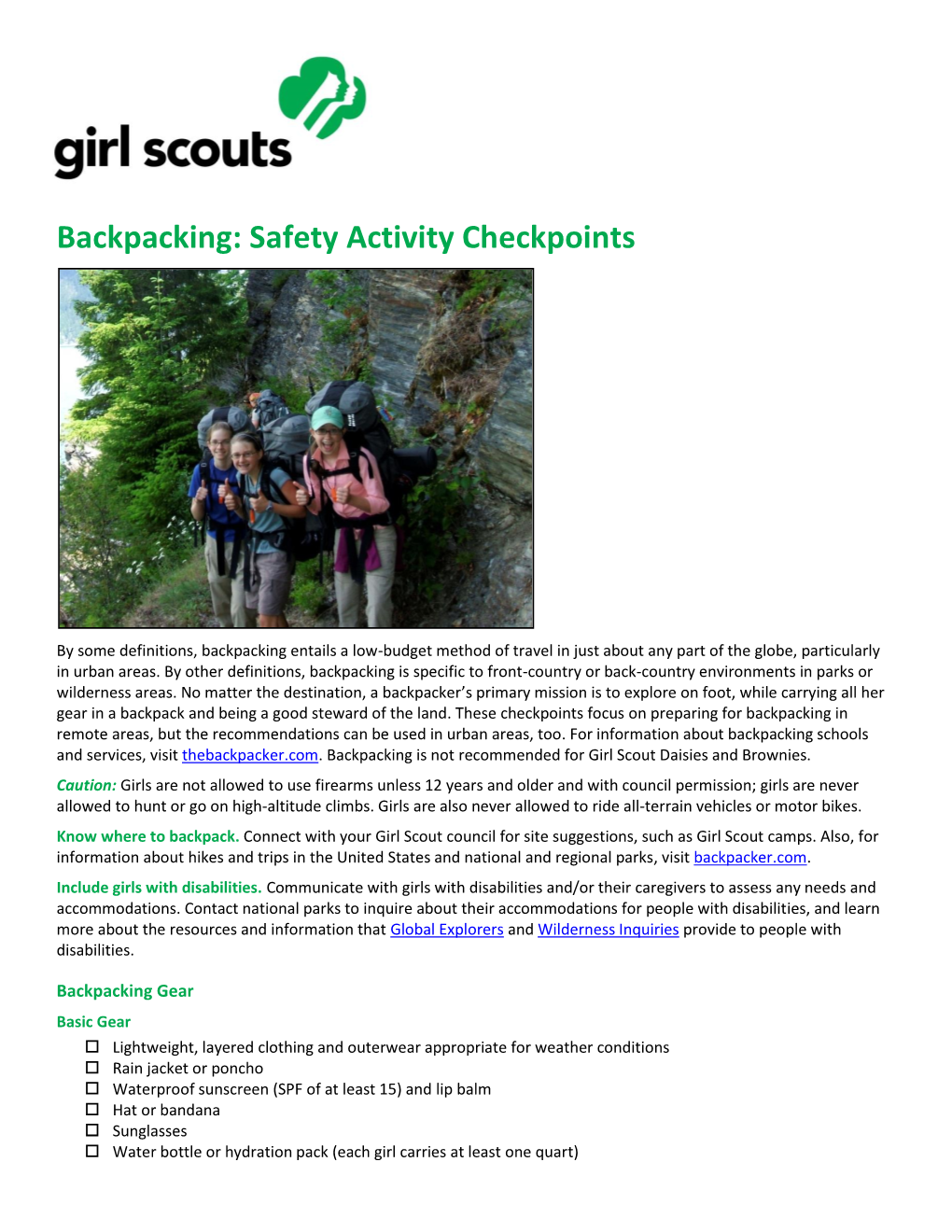 Backpacking: Safety Activity Checkpoints
