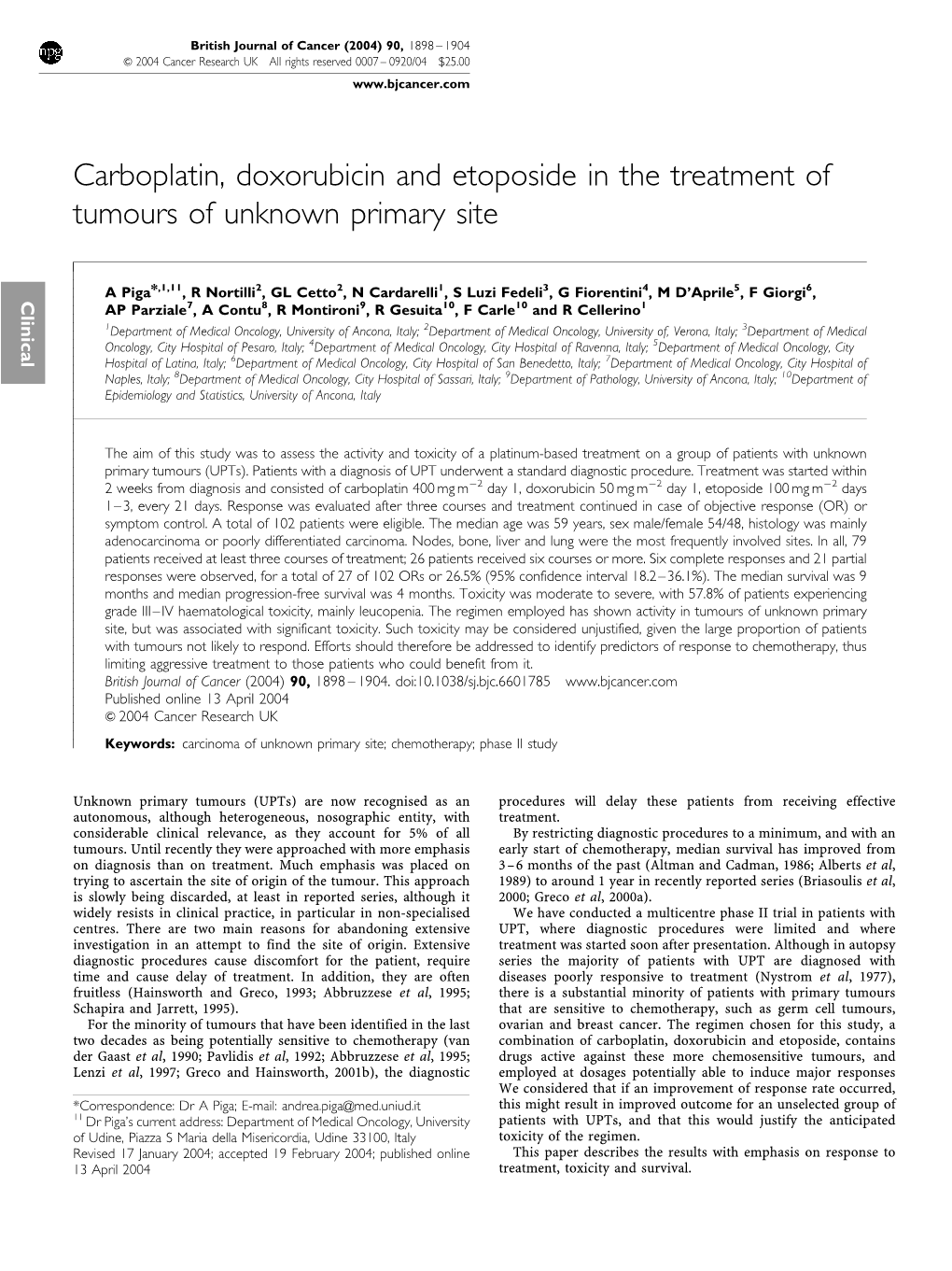 Carboplatin, Doxorubicin and Etoposide in the Treatment of Tumours of Unknown Primary Site