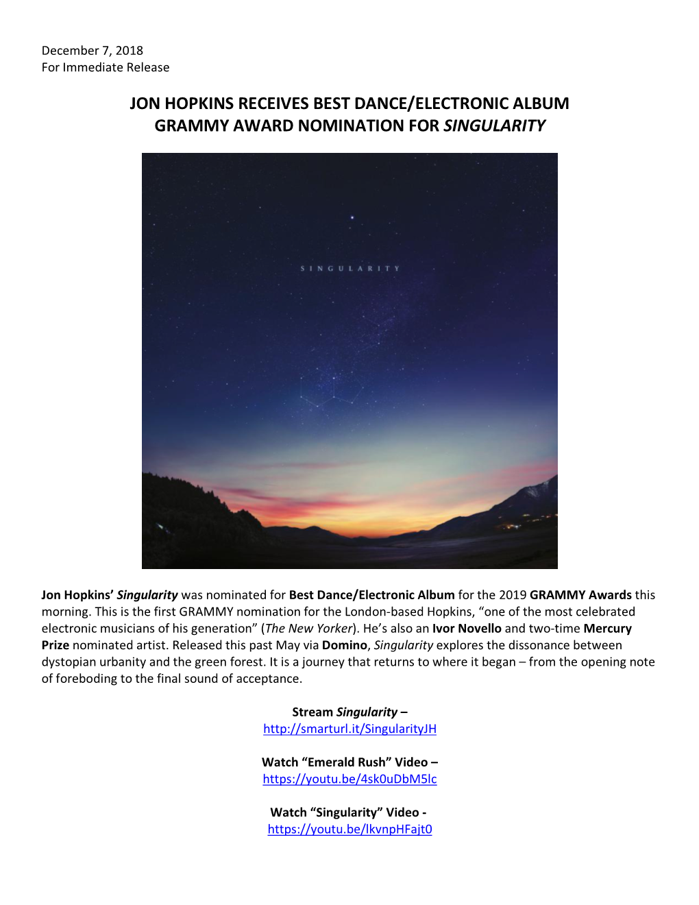 Jon Hopkins Receives Best Dance/Electronic Album Grammy Award Nomination for Singularity