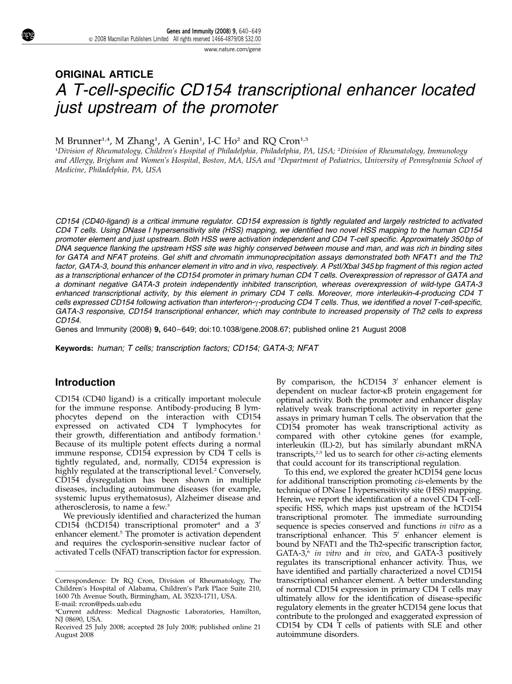 A T-Cell-Specific CD154 Transcriptional Enhancer Located Just Upstream of the Promoter