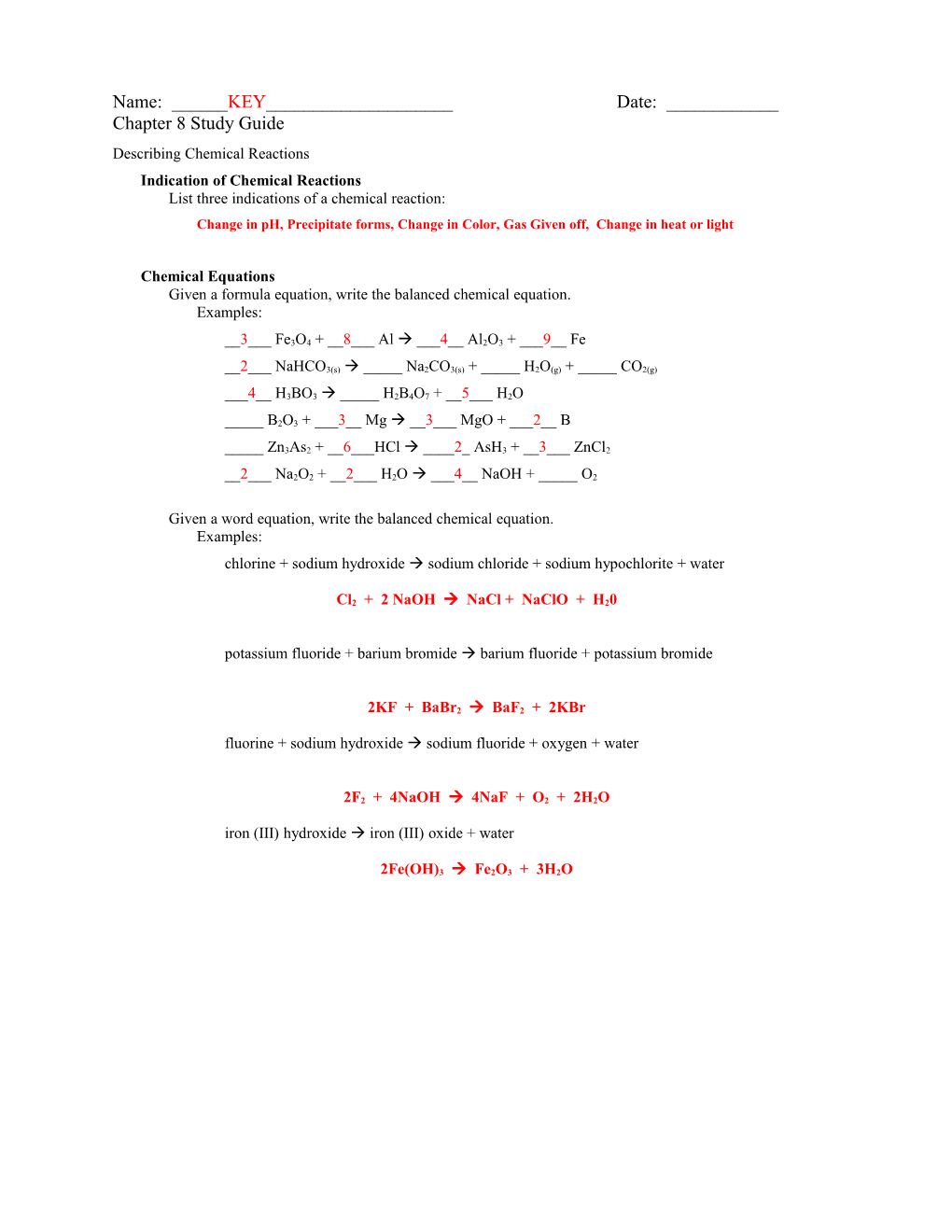 Change in Ph, Precipitate Forms, Change in Color, Gas Given Off, Change in Heat Or Light