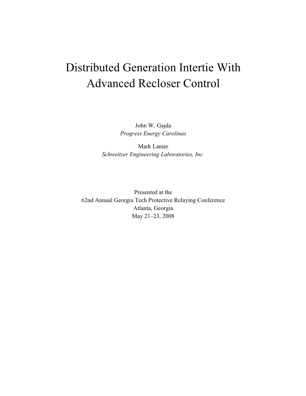 Distributed Generation Intertie with Advanced Recloser Control