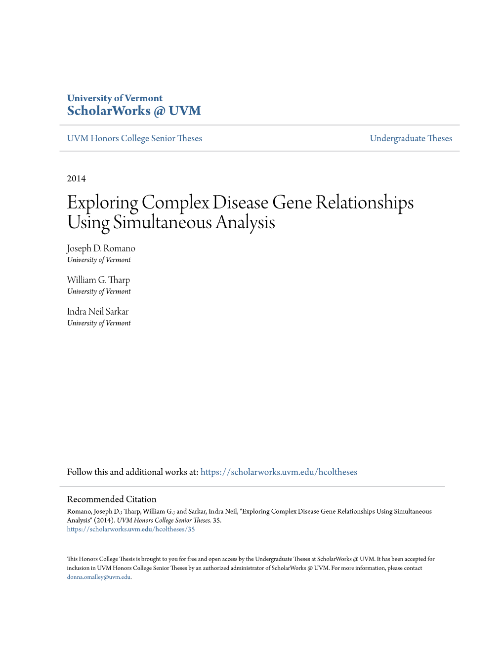 Exploring Complex Disease Gene Relationships Using Simultaneous Analysis Joseph D