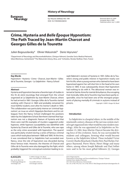 Crime, Hysteria and Belle Époque Hypnotism: the Path Traced by Jean-Martin Charcot and Georges Gilles De La Tourette