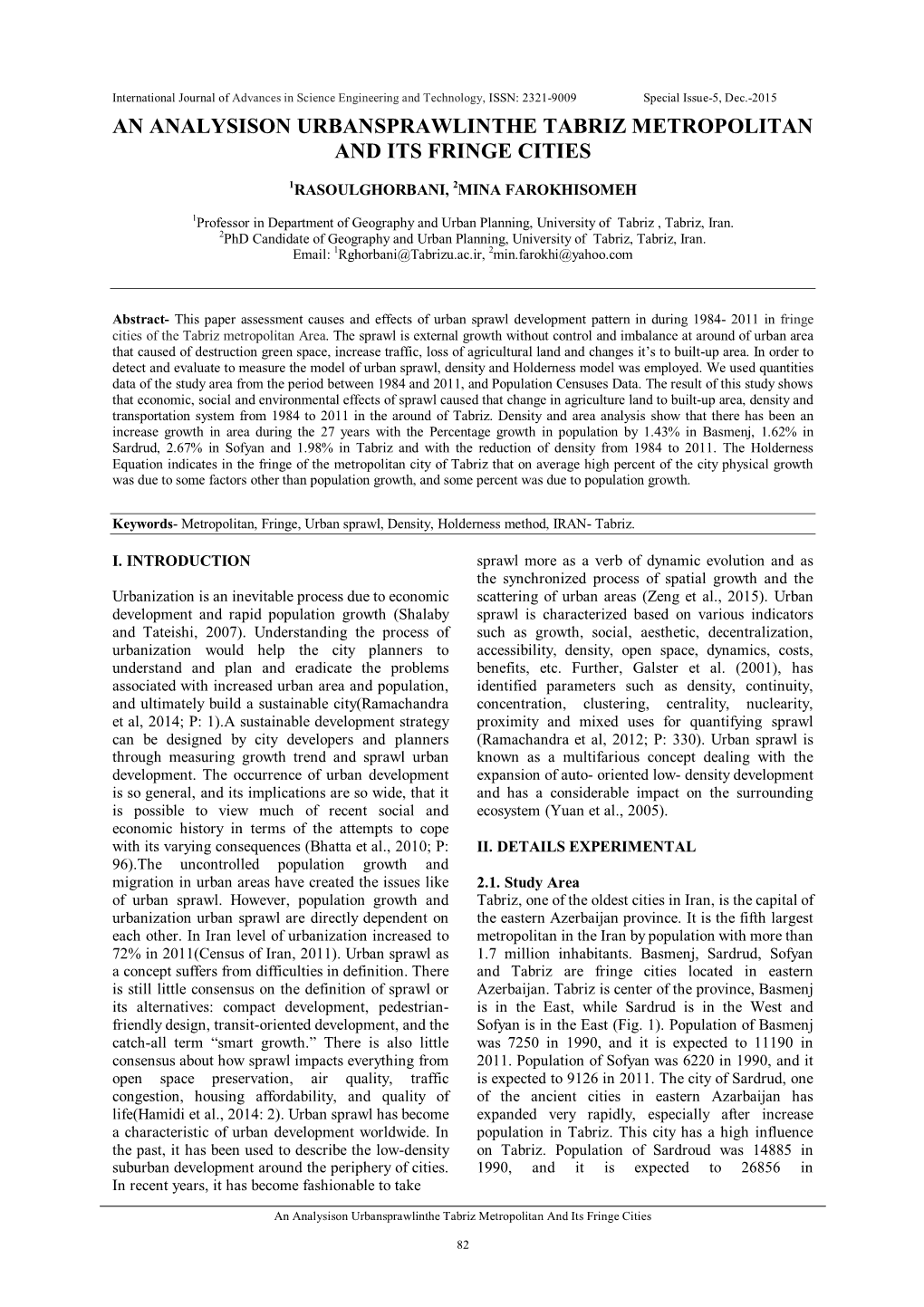 An Analysison Urbansprawlinthe Tabriz Metropolitan and Its Fringe Cities