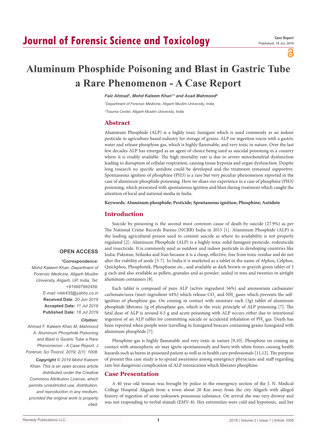 Aluminum Phosphide Poisoning and Blast in Gastric Tube a Rare Phenomenon - a Case Report