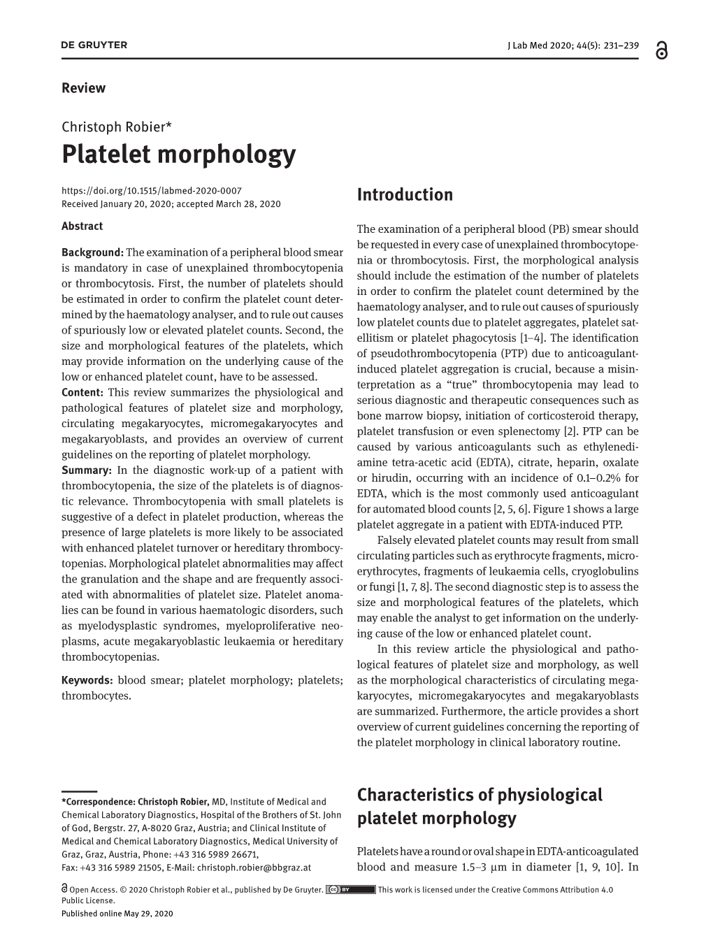 Platelet Morphology Received January 20, 2020; Accepted March 28, 2020 Introduction