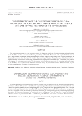 The Destruction of the Christian Historical-Cultural Heritage of the Black Sea Area: Trends and Characteristics (The Late 18Th and First Half of the 19Th Centuries)