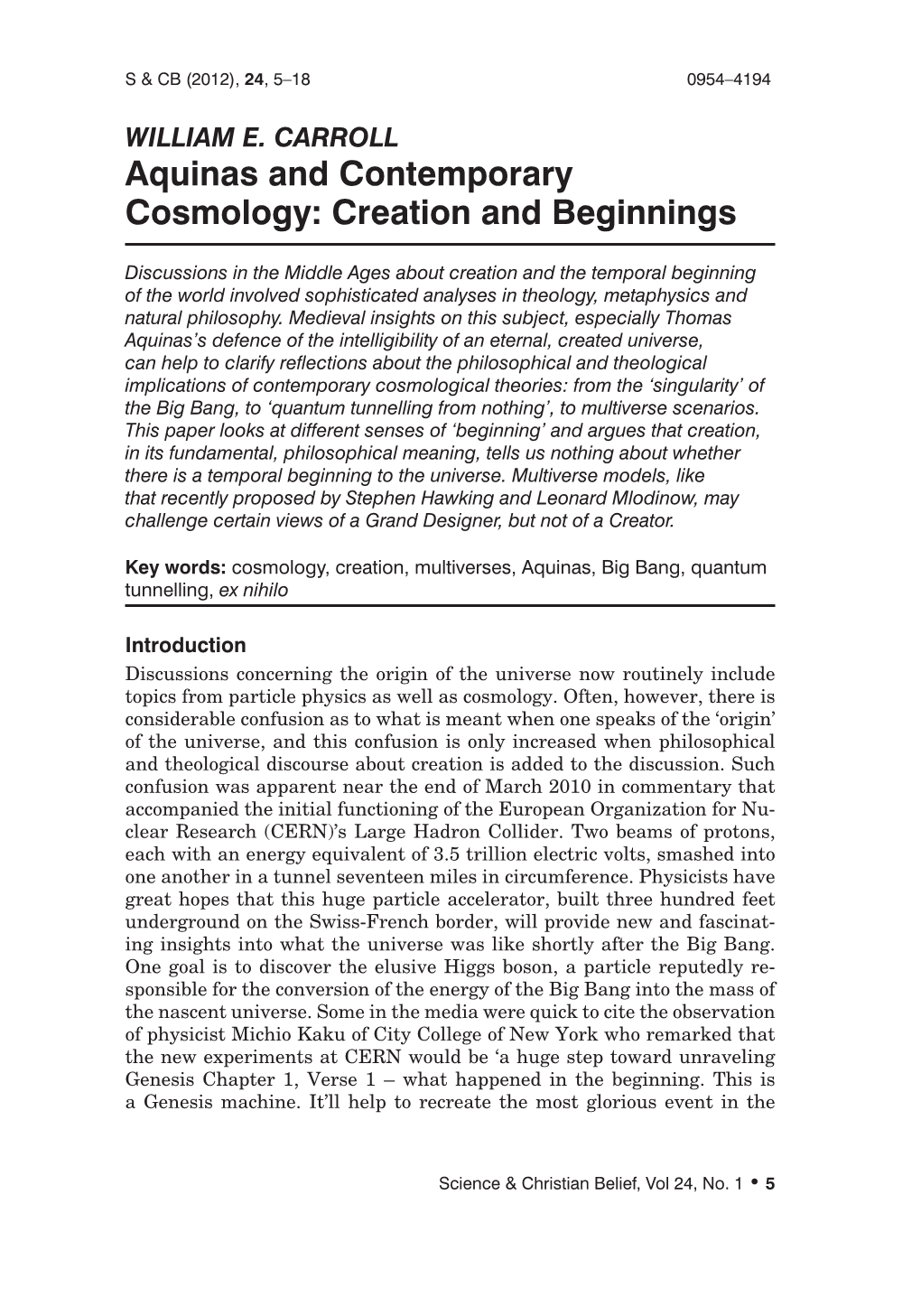 Aquinas and Contemporary Cosmology: Creation and Beginnings