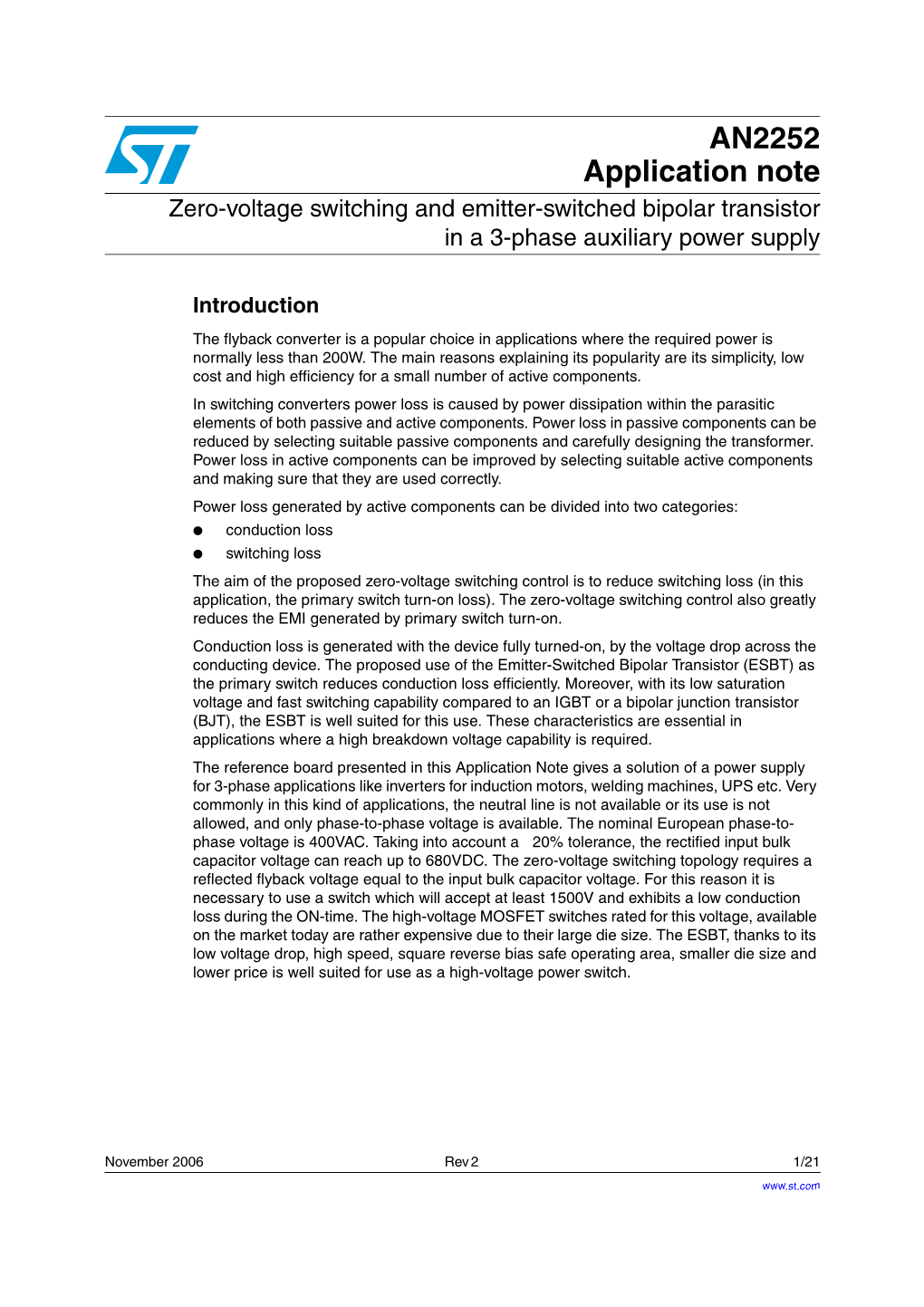 Zero-Voltage Switching and Emitter-Switched Bipolar Transistor in a 3-Phase Auxiliary Power Supply