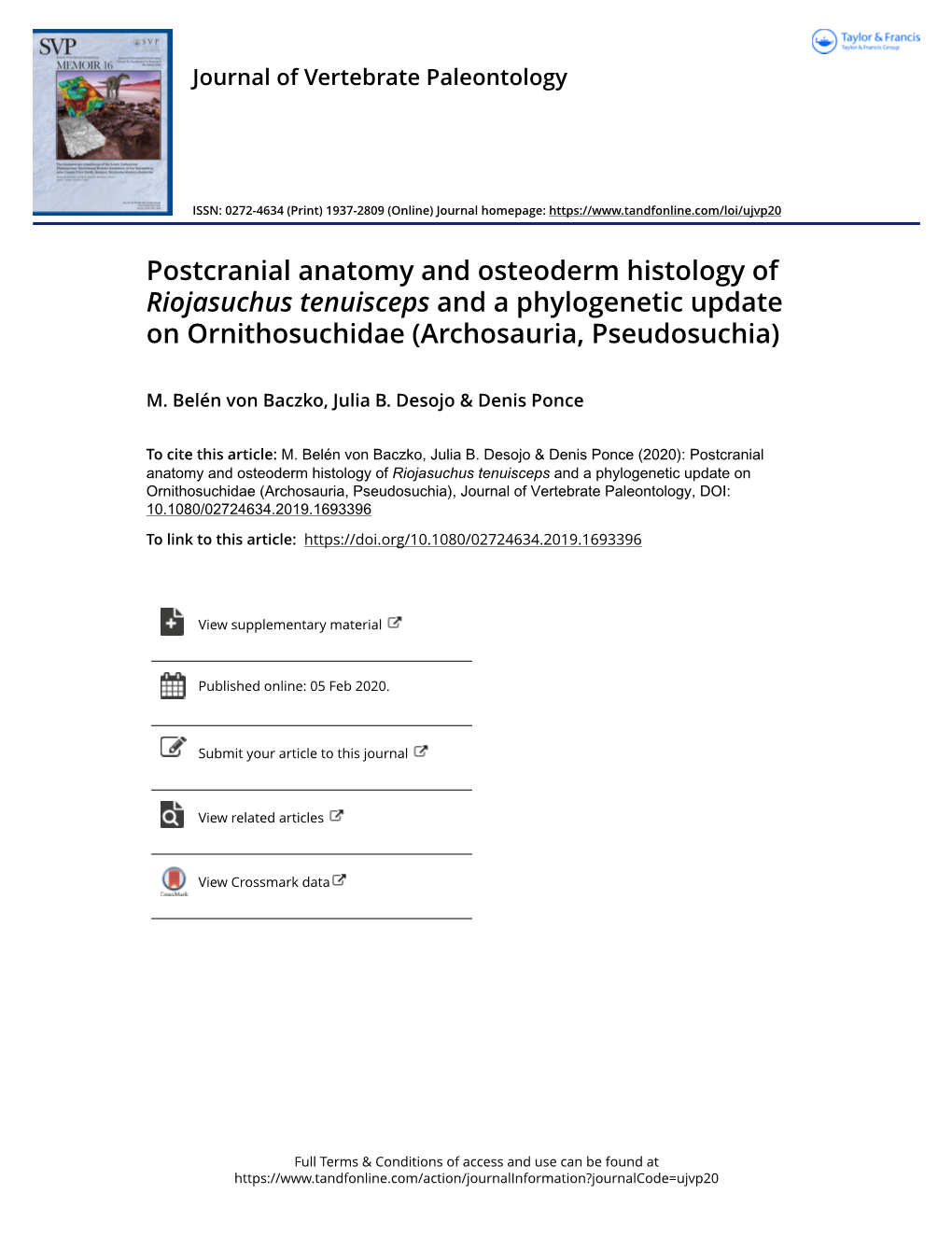 Postcranial Anatomy and Osteoderm Histology of Riojasuchus Tenuisceps and a Phylogenetic Update on Ornithosuchidae (Archosauria, Pseudosuchia)