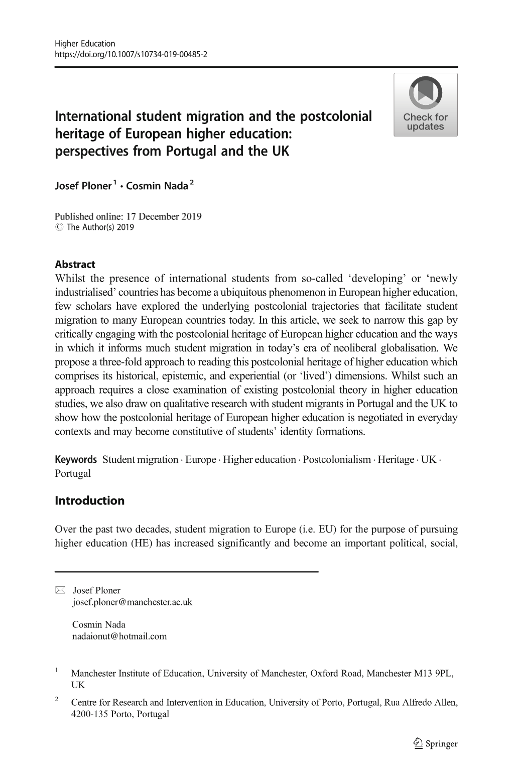 International Student Migration and the Postcolonial Heritage of European Higher Education: Perspectives from Portugal and the UK