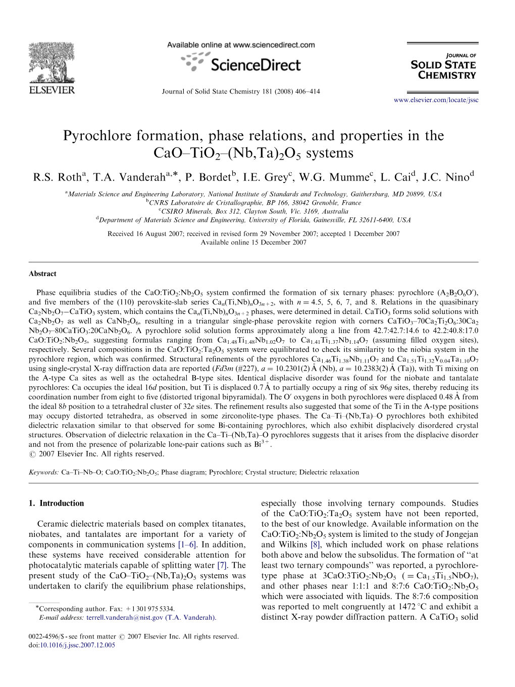 Pyrochlore Formation, Phase Relations, and Properties in the Cao–Tio2–(Nb,Ta)2O5 Systems R.S